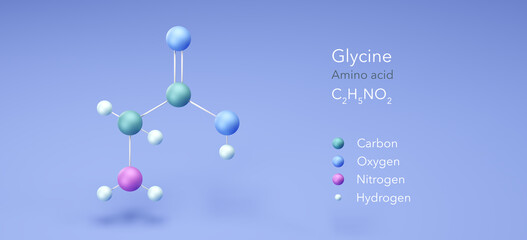 glycine, amino acid, molecular structures, 3d model, Structural Chemical Formula and Atoms with Color Coding