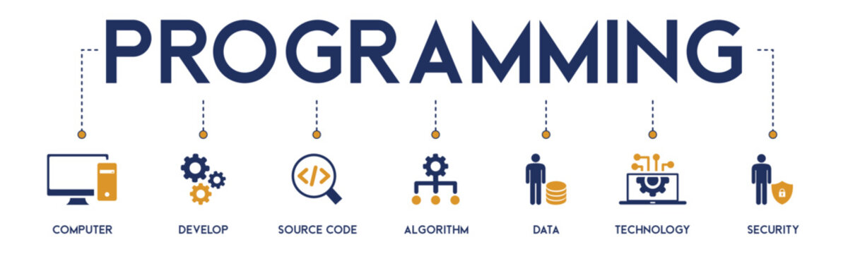 Programming Banner Web Icon Vector Illustration Concept With Icon And Symbol Of Computer, Develop, Source Code, Algorithm, Data, Technology And Security On White Background