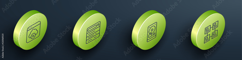 Poster set isometric line failed access cloud storage, search engine, hard disk drive hdd and hierarchy org