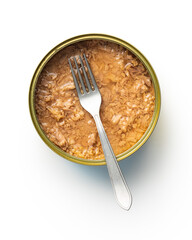 Canned tuna fish in can isolated on white background.