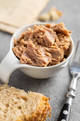 Canned tuna fish in the bowl.