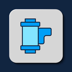 Filled outline Camera vintage film roll cartridge icon isolated on blue background. 35mm film canister. Filmstrip photographer equipment. Vector
