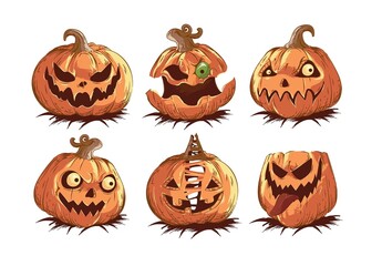 Halloween Pumpkin Jack O Lantern Illustrations with Spooky Expressions