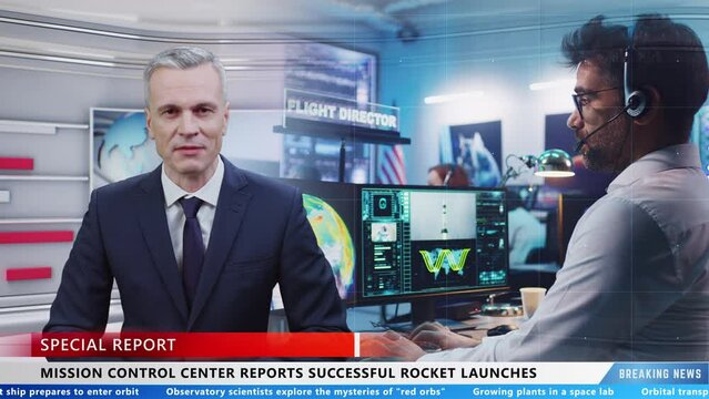 Male news anchor in TV studio in live news program reporting on latest news from space flight control center about successful rocket launches
