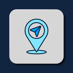 Filled outline Map pin icon isolated on blue background. Navigation, pointer, location, map, gps, direction, place, compass, search concept. Vector