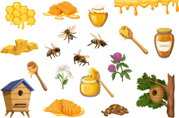 Bee honey set vector illustration. Cartoon honeycomb and honeybee insects, isolated wooden house and hive on tree, glass jar with yellow nectar and spoon, liquid drops flow and melt on border - obrazy, fototapety, plakaty