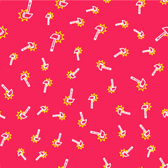 Line Firefighter axe icon isolated seamless pattern on red background. Fire axe. Vector