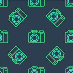 Line Photo camera icon isolated seamless pattern on blue background. Foto camera. Digital photography. Vector