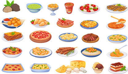 Fototapeta na wymiar Italian food set vector illustration. Cartoon isolated pizza and pasta, fried fastfood snacks with cheese and desserts, homemade and restaurant dinner dishes and sauces cooking in cuisine of Italy