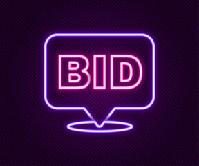 Glowing neon line Bid icon isolated on black background. Auction bidding. Sale and buyers. Colorful outline concept. Vector