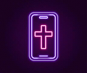 Glowing neon line Christian cross on mobile phone icon isolated on black background. Church cross. Colorful outline concept. Vector