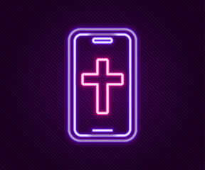 Glowing neon line Christian cross on mobile phone icon isolated on black background. Church cross. Colorful outline concept. Vector