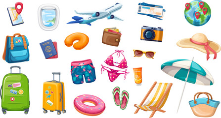 Travel vacation on summer beach set vector illustration. Cartoon isolated collection for holiday on tropical island summertime, beach umbrella, sunglasses and sunscreen, tourists swimsuit and suitcase
