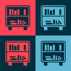 Pop art Shelf with books icon isolated on color background. Shelves sign. Vector