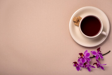 Blank photography of cup of tea, orchid, sugar