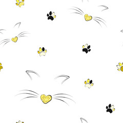 Cat seamless pattern. Muzzle and paws. Dog and cat track. Gold glitter. Prints, packaging template, textiles, bedding and wallpaper.