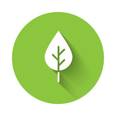 White Leaf Eco symbol icon isolated with long shadow background. Banner, label, tag, logo, sticker for eco green. Green circle button. Vector