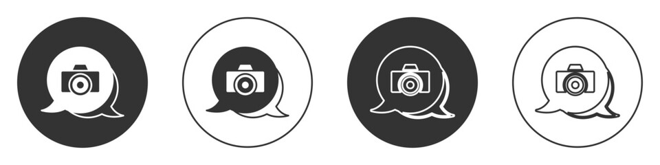 Black Photo camera icon isolated on white background. Foto camera. Digital photography. Circle button. Vector