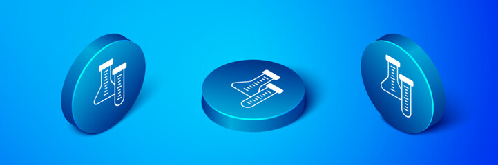 Isometric Test tube and flask chemical laboratory test icon isolated on blue background. Laboratory glassware sign. Blue circle button. Vector