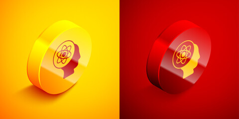 Isometric Atom icon isolated on orange and red background. Symbol of science, education, nuclear physics, scientific research. Circle button. Vector