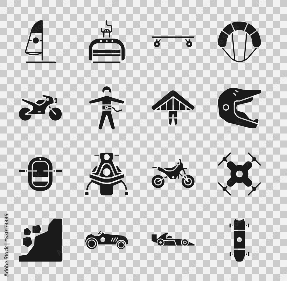 Canvas Prints Set Longboard or skateboard, Drone flying, Motocross motorcycle helmet, Bungee jumping, Motorcycle, Windsurfing and Hang glider icon. Vector