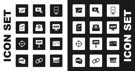 Set Advertising, Mail and e-mail, Document with graph chart, Board, Browser window and Target sport icon. Vector