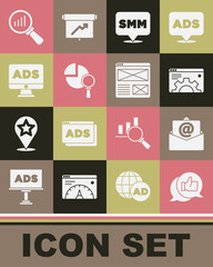 Set Customer product rating, Mail and e-mail, Browser setting, Social media marketing, Magnifying glass analysis, Advertising, and window icon. Vector