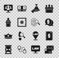 Set Envelope, Law book, Bribe money bag, Safe, Judge, Scales of justice and Fingerprint icon. Vector