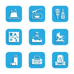 Set Award winner podium, Sport bag, Hiking backpack, Skates, Thermos container, Folded map, Snowshoes and Mountains icon. Vector