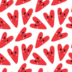 Doodle hearts seamless pattern. Hand drawn cute red hearts with faces on white. Romantic design in cartoon flat style for wallpaper, textile, invitation card, wrapping, web page. Vector illustration.