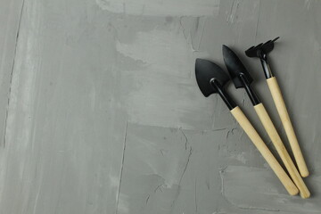 garden tools on a gray background. Shovel rakes and shovels with wooden handles hedgehog on a gray background view from above. Preparation for spring cleaning