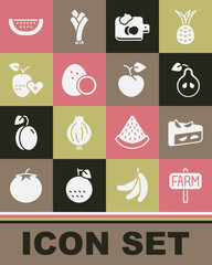 Set Location farm, Homemade fruit pie, Pear, Cutting board with vegetables, Coconut, Healthy, Watermelon and Peach or nectarine icon. Vector