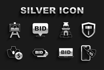 Set Bid, Auction hammer, Online auction, jewelry sale, ancient vase, painting and icon. Vector