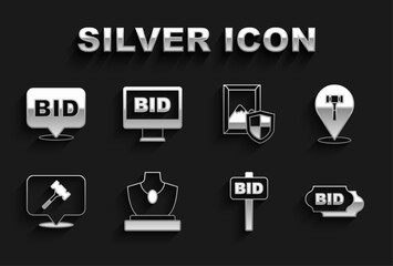 Set Auction jewelry sale, hammer, Bid, Hand holding auction paddle, painting, and Online icon. Vector