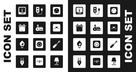 Set Electrical outlet, Nuclear power plant, Car battery, Ampere meter, multimeter, Buzzer in electronic circuit, extension, Screwdriver and Light bulb with leaf icon. Vector