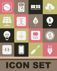 Set Electric plug, No lightning, Creative lamp idea, switch, Electrical transformer, Solar energy panel, AC voltage source and Leaf Eco symbol icon. Vector