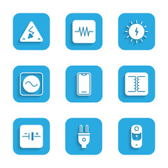 Set Mobile phone, Electric plug, Battery charge, Electrical transformer, DC voltage source, AC, Solar energy panel and High icon. Vector