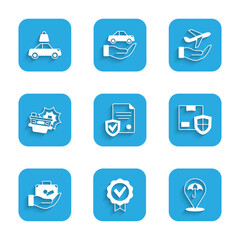 Set Contract with shield, Approved and check mark, Umbrella, Delivery security, Travel suitcase in hand, Car accident, Plane and insurance icon. Vector