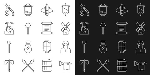 Set line Trumpet with flag, Monk, Windmill, Battle crossbow arrow, Medieval chained mace ball, Joker head, Sword blood and Decree, parchment, scroll icon. Vector