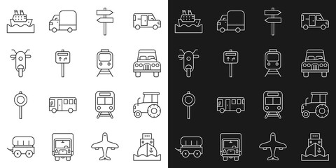 Set line Cargo ship, Tractor, Road traffic signpost, Scooter, Cruise and Train and railway icon. Vector