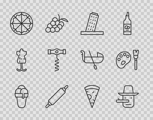 Set line Ice cream, Pinocchio, Tower Pisa, Rolling pin, Pizza, Wine corkscrew, Slice of pizza and Paint brush with palette icon. Vector