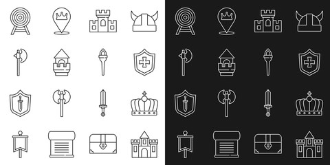 Set line Castle, fortress, King crown, Shield, tower, Medieval axe, Target with arrow and Torch flame icon. Vector