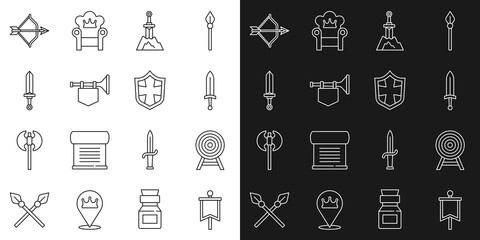 Set line Medieval flag, Target with arrow, sword, Sword in the stone, Trumpet, bow and and Shield icon. Vector