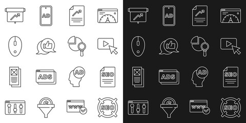 Set line SEO optimization, Advertising, Document with graph chart, Customer product rating, Computer mouse, Board and Magnifying glass and analysis icon. Vector