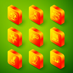 Set line Scales of justice, Bribe money bag, Envelope, Hexagram sheriff, Pistol or gun, Office folders, Feather and inkwell and Location law icon. Vector