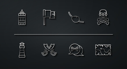 Set line Dynamite bomb, Lighthouse, Skull on crossbones, Location pirate, Crossed swords, Pirate flag, treasure map and eye patch icon. Vector