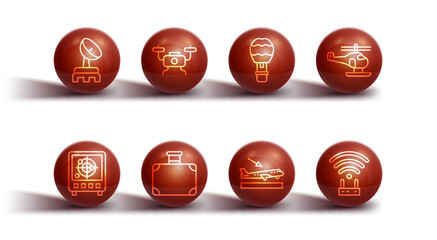 Set line Radar, with targets on monitor, Helicopter, Plane landing, Suitcase, Drone flying, Router wi-fi signal and Hot air balloon icon. Vector