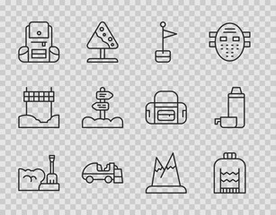 Set line Shovel in snowdrift, Christmas sweater, Location marker, Ice resurfacer, Hiking backpack, Road traffic signpost, Mountains and Thermos container icon. Vector
