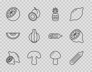 Set line Lemon, Fresh cucumber, Pineapple, Mushroom, Orange fruit, Onion, and icon. Vector