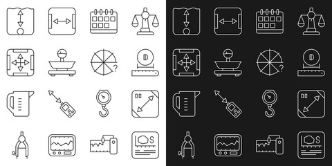 Set line Area measurement, Diagonal measuring, Diameter, Calendar, Scales, Depth and Circle of pieces icon. Vector